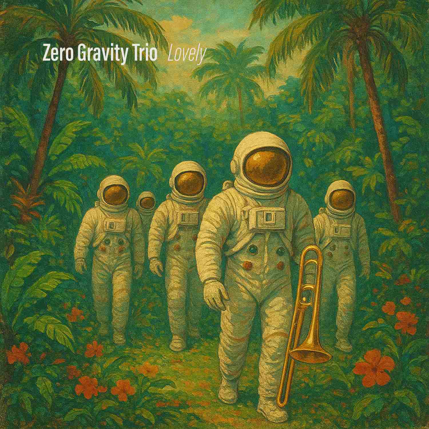 an astronaut holding a trombone, while emerging from a rainforest